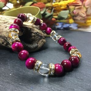 ピンクタイガーアイ&水晶 パワーストーン ブレスレット 天然石ブレス (ゴールド) 開運 浄化 金運 仕事運 恋愛 効果 レディース ンク色