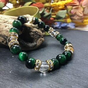 グリーンタイガーアイ&水晶 パワーストーン ブレスレット 天然石ブレス (ゴールド) 開運 金運 仕事 リラックス 人間関係 レディース 緑