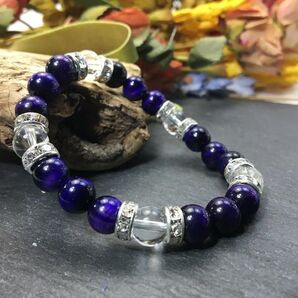 パープルタイガーアイ&水晶 パワーストーン ブレスレット 天然石ブレス (シルバー) 開運 浄化 金運 仕事運 効果 レディース 青色 ブルー