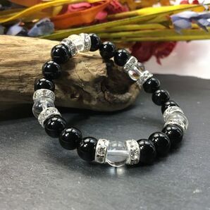 オニキス&水晶 パワーストーン ブレスレット 天然石ブレス (シルバー) 開運 浄化 邪気払い 魔除け 効果 レディース 通販 ブラック 黒