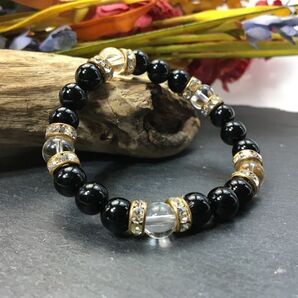 オニキス&水晶 パワーストーン ブレスレット 天然石ブレス (ゴールド) 開運 浄化 邪気払い 魔除け 効果 レディース 通販 ブラック 黒
