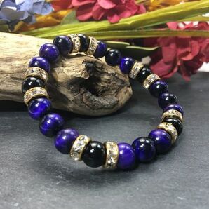 パープルタイガーアイ&オニキス パワーストーン ブレスレット 天然石ブレス (ゴールド) 開運 金運 仕事運 効果 レディース 青色 ブルー