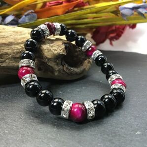 パワーストーン ブレスレット オニキス&ピンクタイガーアイ 天然石ブレス (シルバー) 8mm 開運 邪気払い 魔除け レディース ブラック 黒