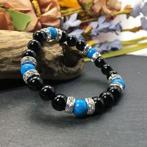 パワーストーン ブレスレット オニキス&ターコイズ 天然石ブレス (シルバー) 8mm 開運 邪気払い 魔除け レディース ブラック 黒