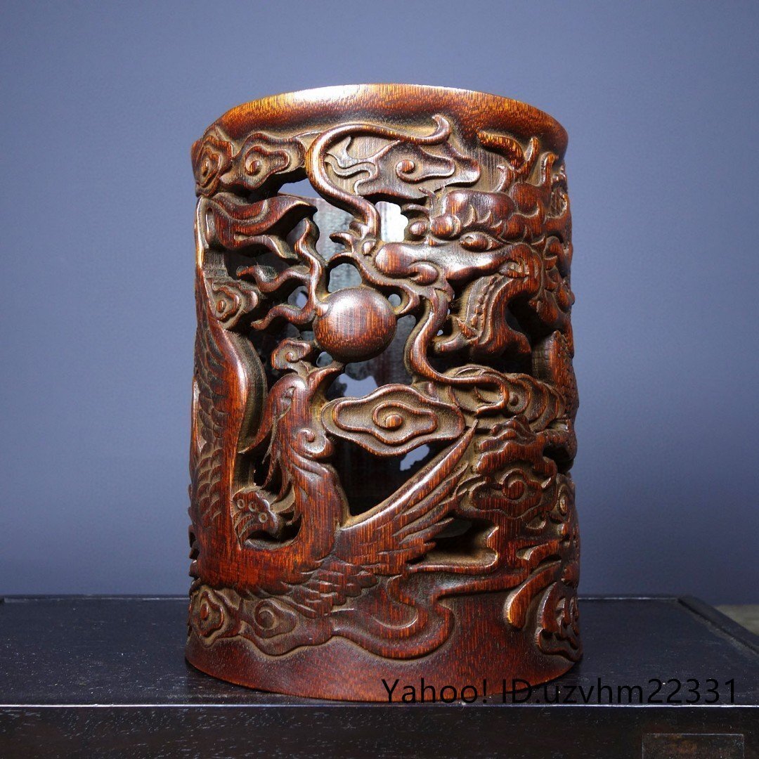 レトロ　竹彫 竹筆筒　置物　時代物 レトロ 竹彫 竹筆筒 置物 時代物