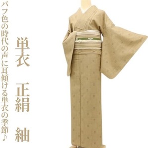 【ゆめsaku】単衣 正絹 着物“バフ色の時代の声に耳傾ける単衣の季節♪”紬 K-90