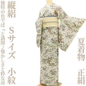 【ゆめsaku】縦絽 夏着物 正絹 Sサイズ“独特の色でぱっと満開♪懐かしさと粋な涼”小紋 J-36