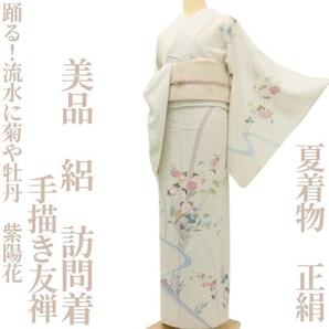 【ゆめsaku】美品 手描き友禅 夏着物 正絹 絽“踊る!流水に菊や牡丹、紫陽花”訪問着 E-26