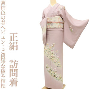 【ゆめsaku】正絹 着物“薄柿色の春へピュン!ご機嫌な桜や桔梗”訪問着 U-99