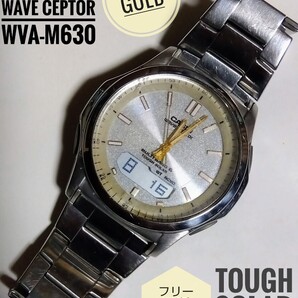 CASIO腕時計 wave ceptor WVA-M630 ソーラー電波 シャンパンゴールド 稼働 バンド調整説明コピー付 傷あり★現状品