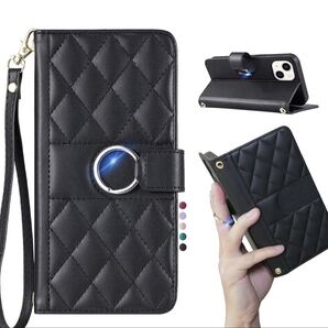 iPhone 14 plus ショルダーケース アイフォン14 プラス レザーケース iPhone14 plus カバー 手帳型 ストラップ2本付き 肩掛け ブラック