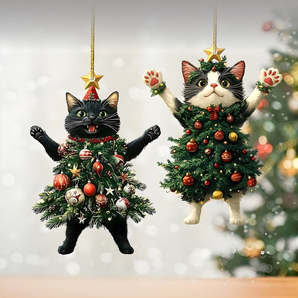 クリスマス ツリー オーナメント 猫 アクリル Xmasラッピング キャット かわいい Christmas アクスタ 白猫 黒猫 ツリーを着た猫 2個セット