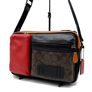 送料無料 美品 COACH コーチ メンズ ショルダーバッグ カラーブロック レザー シグネチャー クロスボディー C2061 ダークブラウン