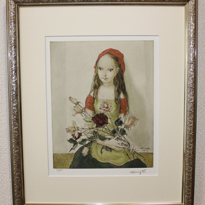 藤田嗣治 エスタンプリトグラフ「バラと少女」 75部限定 5/75