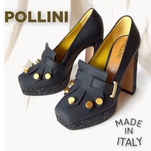 『POLLINI│ポリーニ』ローファー形│グリッター ラメ&本革│プラットフォーム パンプス│35 1/2│22.5cm位 靴 レザー