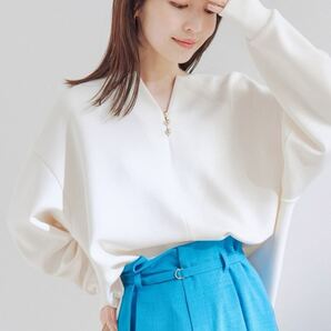 VIS スフレタッチシリーズ 洗える キラッと釦キーネックプルオーバー 白 銀釦 ビス シルバーボタン ダンボール素材 オフホワイト 長袖 Free