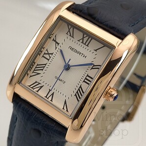 【アールと直線の折衷×ユニセックスサイズと程良いラグジュアリー感が魅力/新品】ローズゴールド/パールホワイト文字盤/ロイヤルブルー革