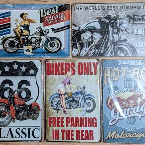 ブリキ看板 5枚 ☆ モーターサイクル 洗車 ホットロッド オートバイ ツーリング ガール BIKERS ONLY メタルプレート