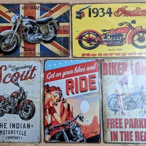 ブリキ看板 5枚 ☆ モーターサイクル インデイアン オートバイ ツーリング ガール BIKERS ONLY メタルプレート