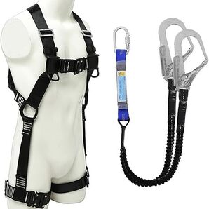 フルハーネス安全帯 新規格 セット 伸縮式ランヤード2丁掛け ショックアブソーバー付き ワンタッチバックル 日本語説明書 (ブラック)