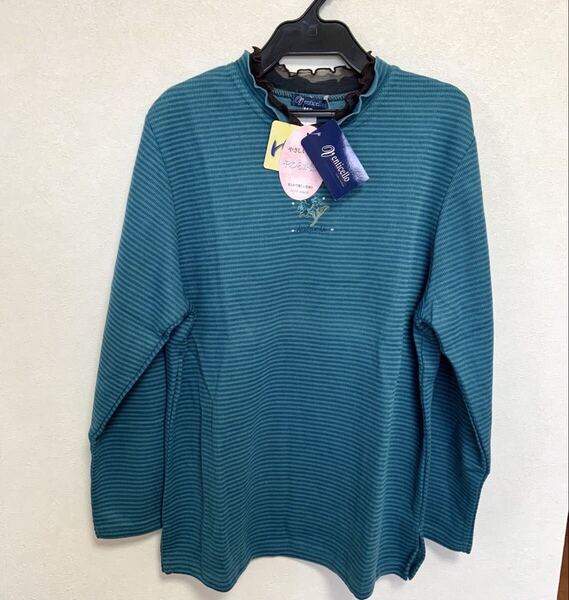 Venticello ベンティセ 長袖 カットソー シャツ ニット トップス 花刺繍 ボーダー柄 ブルー系 LL やわらか素材 大きい レディース 婦人服