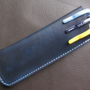 (c08) 牛ヌメ革 手染め 3本入れペンケース ネイビー ハンドメイド