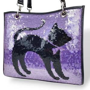 【B4036】And b.c.d. トートバッグ 黒猫 スパンコール キャンバス パープル ブラック 肩掛け 猫 かわいい キラキラ 大容量
