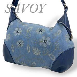 【B4014】SAVOY サボイ ワンショルダーバッグ デニム地 レザー ブルー レディース ファスナー 花柄 総柄 A4収納 チャーム