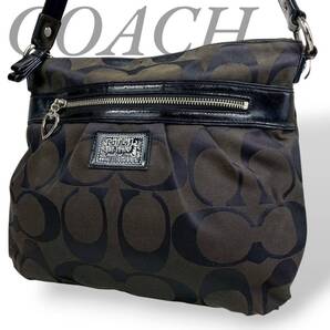 【B3988】COACH コーチ ポピー シグネチャー キャンバス ショルダーバッグ ブラウン ブラック レザー 肩掛け ハート型チャーム