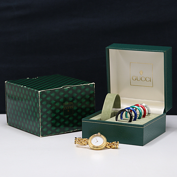 ▲【希少】GUCCI グッチ 11色 チェンジべゼル ゴールド 箱付 極美品 GUCCI チェンジベゼル 11/12 箱付き 内箱 外箱 ギャランティー