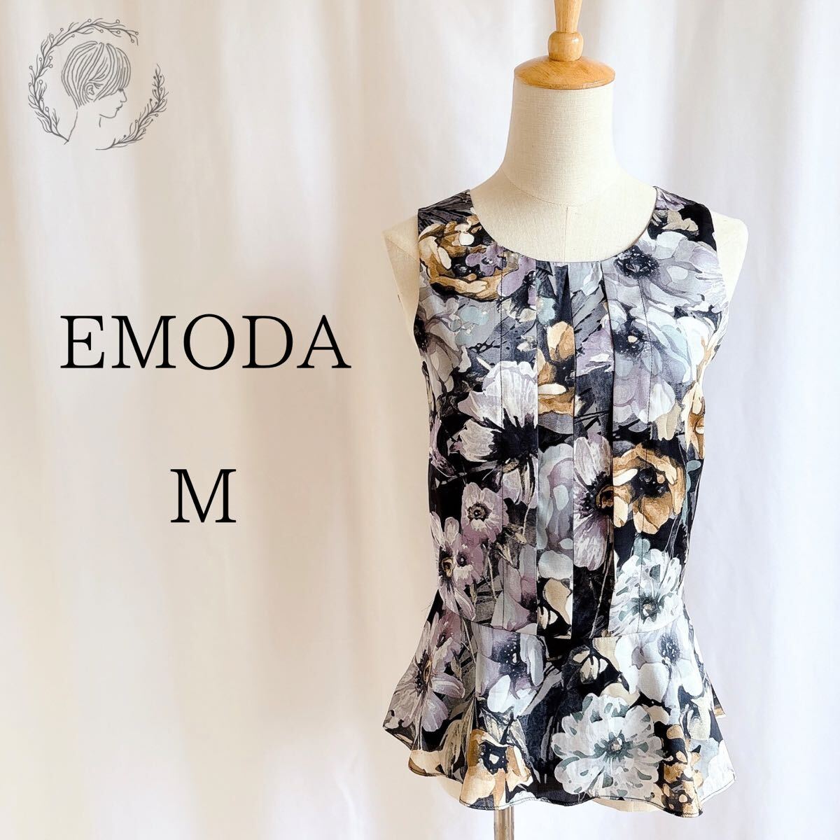 EMODA エモダ 花柄 ペプラムブラウス ノースリーブ タンクトップ ブラック