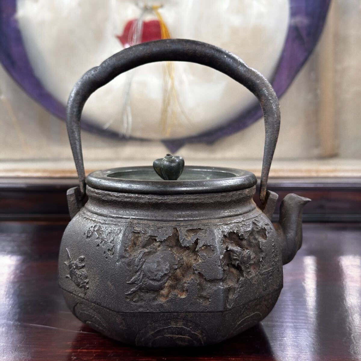 古い鉄瓶　龍文堂造　水漏れ無し　蔵出し　銅蓋 古い鉄瓶 龍文堂造 水漏れ無し 蔵出し 銅蓋