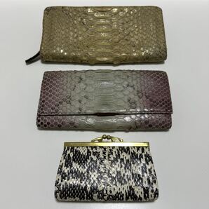 ◆パイソン 本革 かぶせ 長財布&金 ラメ ラウンドジップ 長財布&美品 がま口 小銭入れ 3点SET◆ VIA DOAN 等 蛇革【送料無料】1111