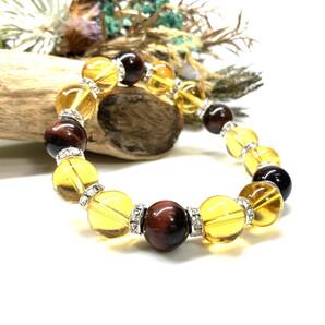 レッドタイガーアイ&シトリン パワーストーン ブレスレット 天然石 (シルバー) 12mm 金運 仕事運 メンズ・レディース 開運 浄化 数珠ブレス