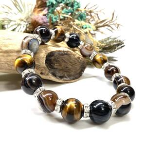 タイガーアイ&チベットアゲート(天眼石) パワーストーン ブレスレット 天然石ブレス (シルバー) 12mm 金運 仕事運 メンズ・レディース