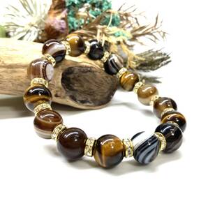 タイガーアイ&チベットアゲート(天眼石) パワーストーン ブレスレット 天然石ブレス (ゴールド) 12mm 金運 仕事運 メンズ・レディース