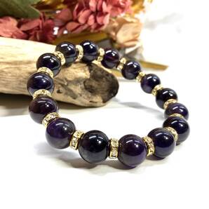 アメジスト パワーストーン ブレスレット 12mm 天然石ブレス (ゴールド) 数珠ブレス メンズ・レディース 男性 女性 幸運 開運 浄化