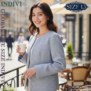 大きいサイズ インディヴィ 新品 コットンストレッチ ノーカラージャケット 13