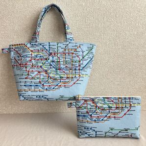 【ハンドメイド】東京メトロ・地下鉄路線図柄のマチ付きミニトートバッグ&ファスナーポーチ 2点セット