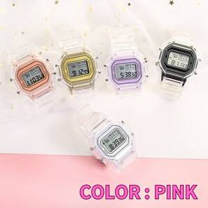 アラーム メンズ デジタル腕時計 デジタル 防水 クリアバンド 腕時計 レディース 桃