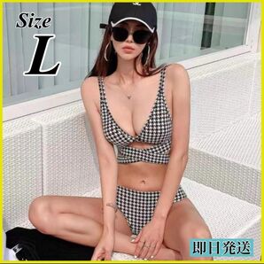 L フロントクロス 水着 オルチャン 韓国 白 黒 ツートン レディース 千鳥柄