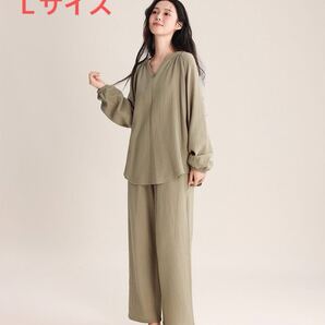 新品パジャマ L長袖レディース上下セットダブルガーゼ 寝巻き柔らかい綿入院入所ピンクvネック秋冬グリーン