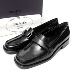 GS4845*Неиспользованные PRADA Prada 37.5 (эквивалент 24.5 см) кожаные мокасины ремешок липучка обувь черный Сделано в Италии