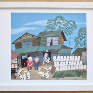 原田泰治 「招き猫/群馬県高崎」印刷物 画集画 A4新品額入り スタンド付き