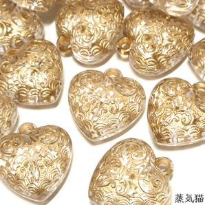 c1598 アンティーク調ぷっくりハートチャーム クリア 15個【ゴールド柄 ピアス イヤリング ハンドメイド用アクセサリー素材】蒸気猫パーツ