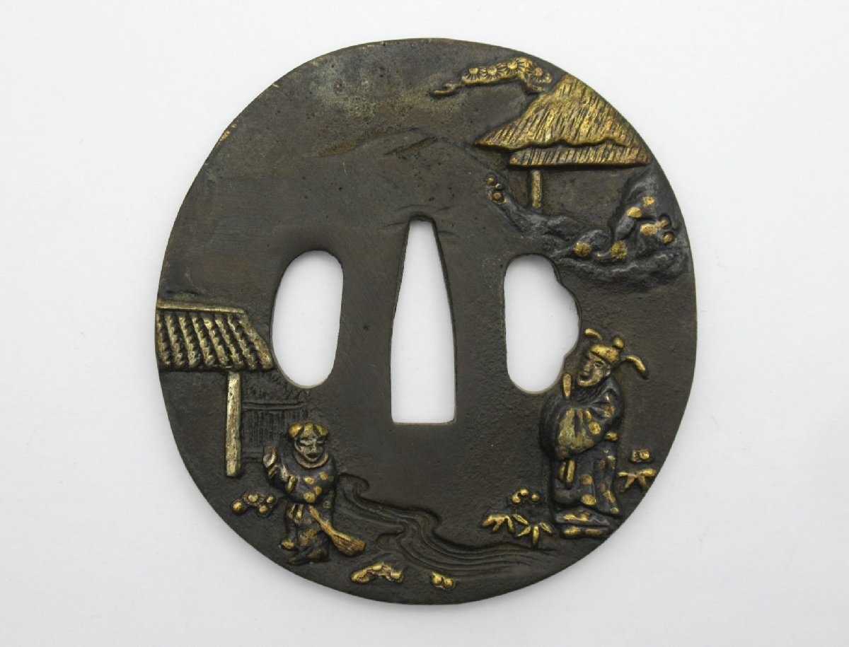 （鐔13） 山水図 真鍮 象嵌 鉄地 鍔 つば 武具 鐔13） 山水図 真鍮 象嵌 鉄地 鍔 つば 武具