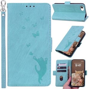 for iPhone 16E ケース 手帳型 スマホケ 耐久性PUレザー 磁気吸引 リストストラップスカイブルー 492