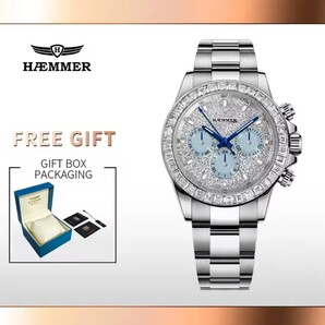 【新品未使用】 自動巻き 腕時計シルバーキラキラビジネスウォッチ防水ブルー