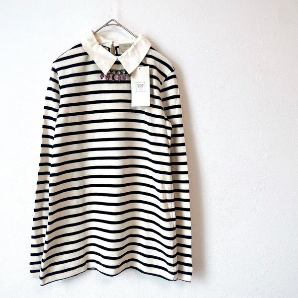 ★新品★ザラZARAボーダー長袖ニットトップス重ね着シャツ プルオーバーSサイズ黒ブラック白ホワイト ビジュー ラインストーン紫パープル