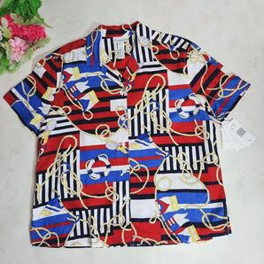 JONES NEW YORK 麻&コットン・総柄オープンカラー半袖シャツ マルチカラー トリコロール スカーフ柄リネン 8645